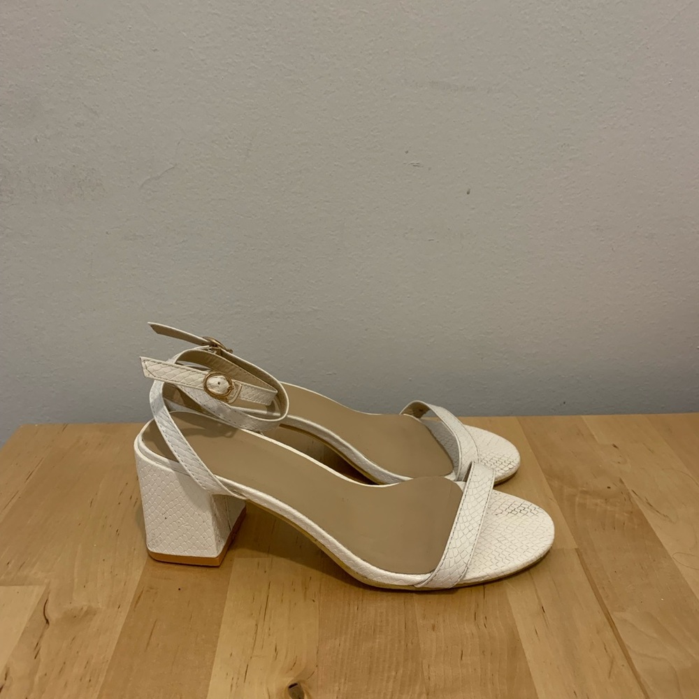White faux crocodile skin block heels